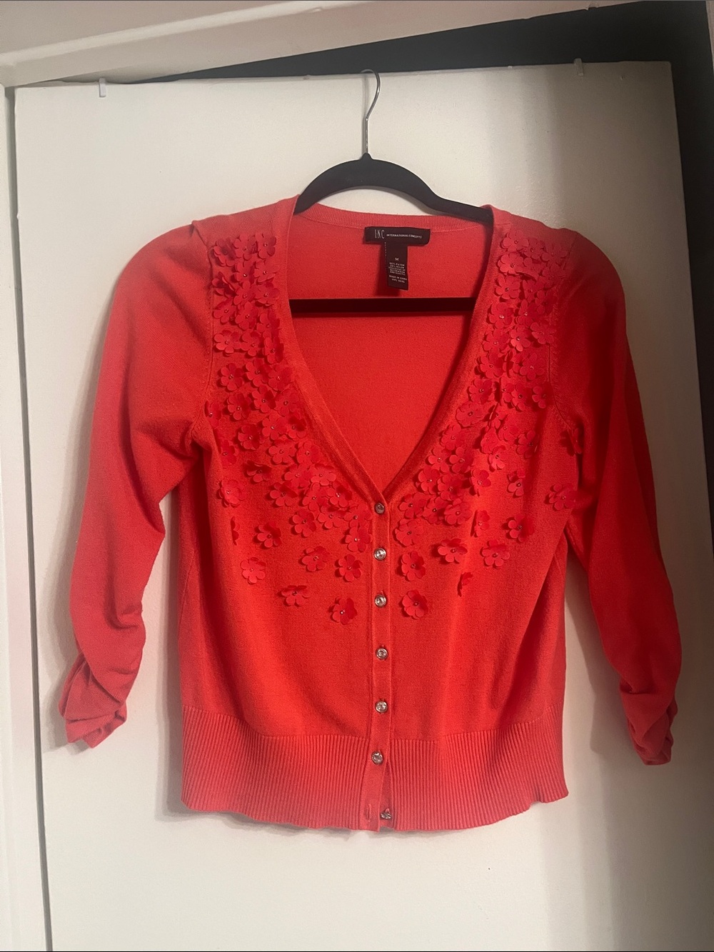 INC sz M Coral Floral-Appliqué Cardigan 3/4 sleeve Rhinestone buttons !